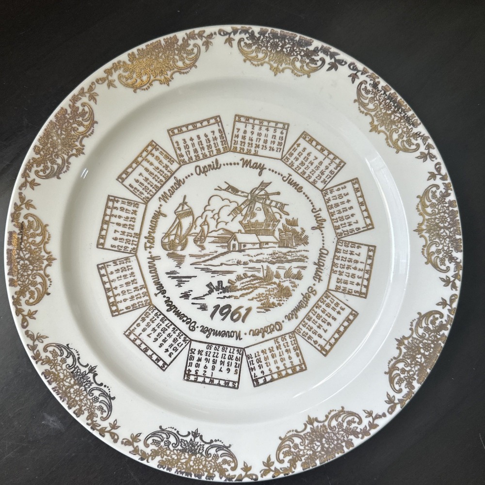 Vintage  1961 Taylor Smith Gold 10" Calendar Plate Gold Trimmed